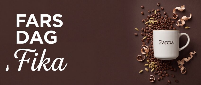 Swedish Father Day Coffee Mug with Pappa text, coffee beans, cardamom pods, and wood shavings on brown background banner for Scandinavian Fars Dag Fika celebration hero image background template.