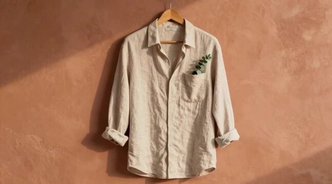 Beige button-up shirt hanging on a hanger with sunlight, 4K video