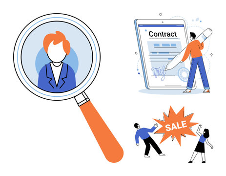 Magnifying glass with candidate, person signing digital contract, and people with sale sign vector illustration. Hiring, recruitment, legal agreement, commerce, marketing, retail. Job search