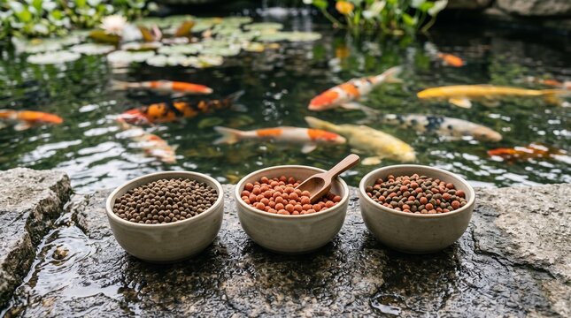Three ceramic bowls filled with different koi fish food pellets placed beside colorful pond, depicting proper aquatic pet nutrition