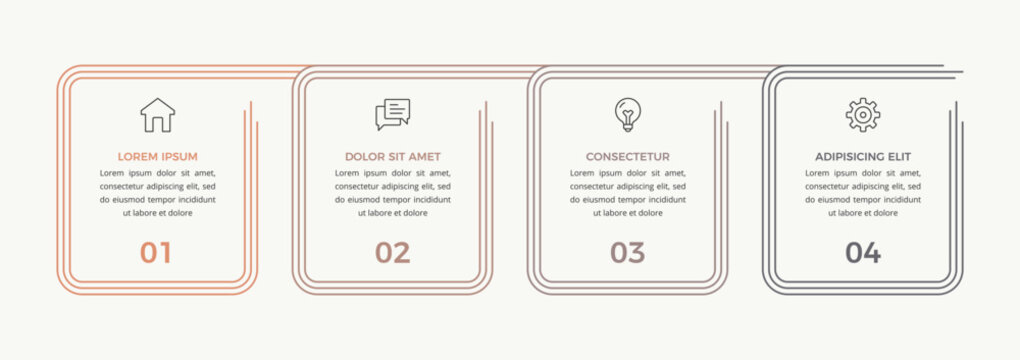 Four steps or options infographic template with horizontal square line panels. 4 steps process flow chart or business diagram. Vector illustration