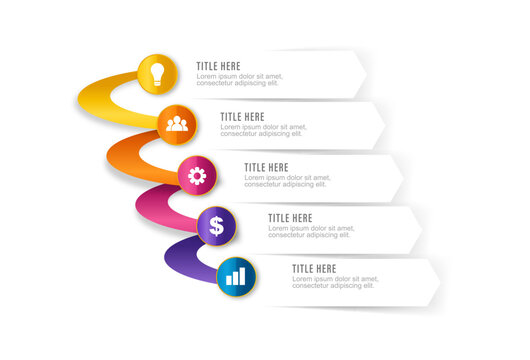 Creative 5 options vertical spiral path process diagram infographic with white icons vector