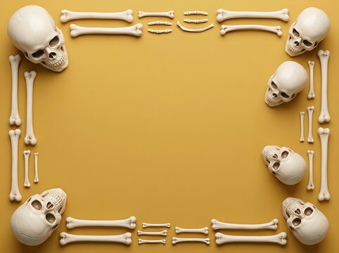 Halloween or horror frame border with skulls and bones on yellow background
