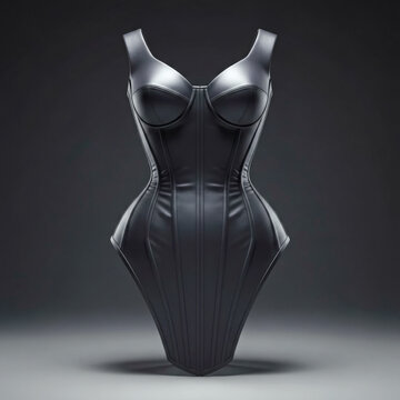 Corset bodice with black satin finish and structured boning over dark studio background for haute couture fashion design