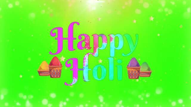 Holi festival celebration typography displayed prominently in the center with colorful powder bowls underneath against a bright green screen background with floating light effects.