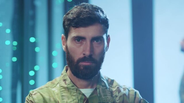 Focused soldier with vibrant background, Portrait of resolute fighter with luminous environmental effects