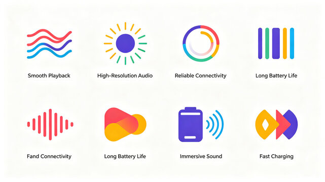 Colorful gradient audio device function icon, representing high-definition sound quality, long battery life, fast charging, suitable for promotional posters of headphone audio products.
