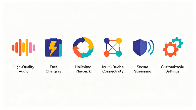 Bright and colorful multimedia selling point icons, high-definition audio, unlimited playback, secure streaming, suitable for audio streaming apps and digital device detail pages.

