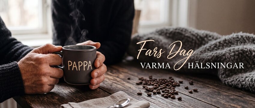 Father day Swedish coffee mug holding steaming hot drink on wooden table with cozy background for Scandinavian celebration Fars dag warm greetings greeting card banner concept.