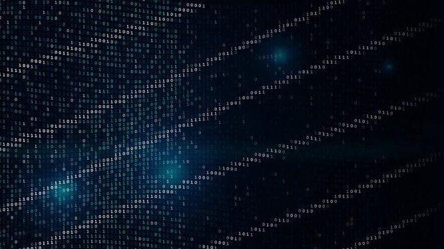 Digital data stream flowing binary code abstract background with glowing light effects and diagonal lines representing information technology and