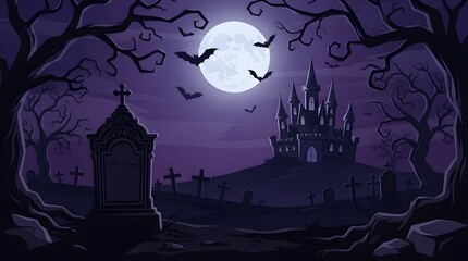 Fototapeta premium A spooky halloween wallpaper featuring a dark haunted castle silhouette under a bright full moon with flying bats and a graveyard in the purple night