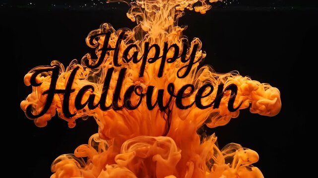 Happy Halloween text in black script font over vibrant orange ink diffusing in dark water, creating a spooky, smoky effect for a festive holiday greeting.