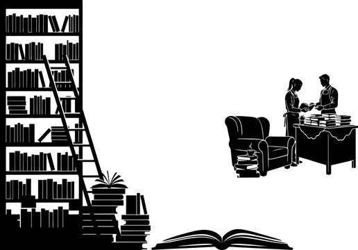 Silhouette of a library interior with a tall bookshelf, a ladder, a reading chair, and people browsing for books
