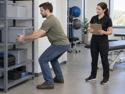 Physiotherapist with clipboard observing man retrieving box from low shelf squat posture occupational physiotherapy functional capacity evaluation clinic
