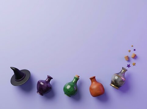 Minimalist Halloween magic background with 3D witch hat and colorful potion bottles on purple copy space