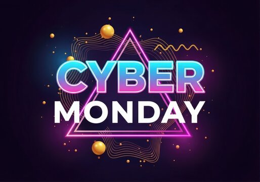 Cyber Monday neon sign with abstract shapes and vibrant colors on a dark purple background