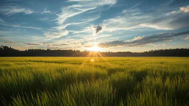 Green agricultural field beneath a blue clouded sky with low golden sun shining across the horizon