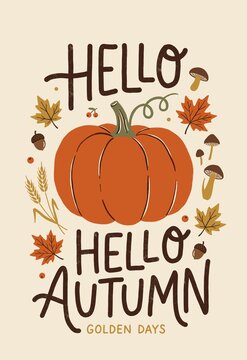 Hand drawn Hello Autumn quote poster with pumpkin and fall leaves illustration
