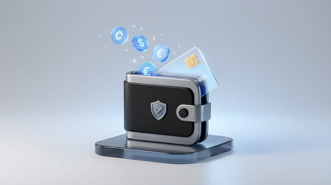 3d illustration of a digital wallet with a credit card and floating currency icons for secure online payments