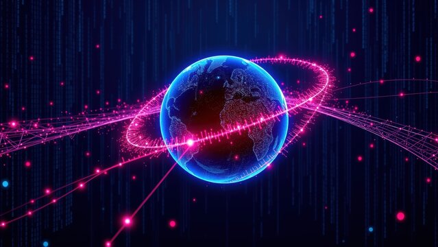 Digital globe surrounded by glowing pink lines, blue matrix background. Represents global network, data streams, technology.