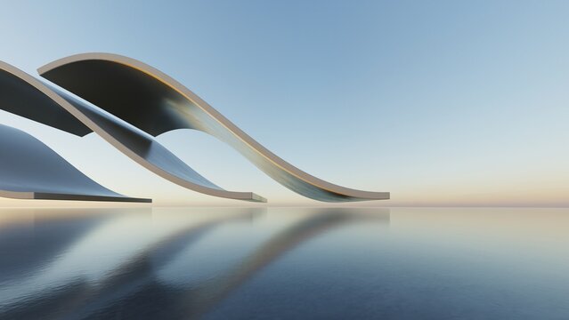 Abstract architecture background, Repeating white wave canopy structures on reflective floor, Scene for car presentation, Modern Exterior, 3D rendering