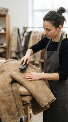Fototapeta premium Specialist Meticulously Brushing and Restoring a Luxurious Suede Sheepskin Coat in a Professional Atelier