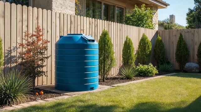 Large blue water storage tank standing beside a wooden fence in a landscaped residential garden