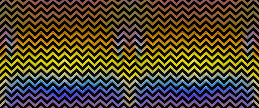 a vibrant, abstract chevron pattern with a rainbow-like color gradient and bold black zigzag lines