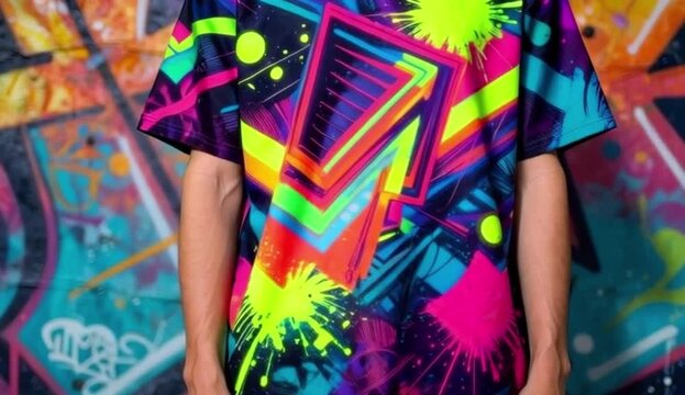 Close-up of a neon geometric t-shirt against a graffiti wall, 4K video