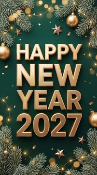 Happy New Year 2027 greeting card design with golden text, festive decorations, and evergreen branches on a dark green background