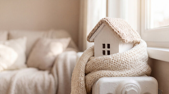 Decorative wooden house figurine wrapped in a knitted scarf placed on a radiator near a cozy sofa in a softly lit living room