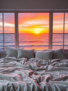 Soft gray bedding hugs plush pillows against a wall of windows framing a stunning ocean sunset, plush, comfortable