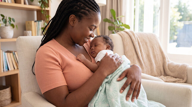 African American woman holding newborn baby wrapped in a blanket while sitting in a cozy living room with natural light and plants
