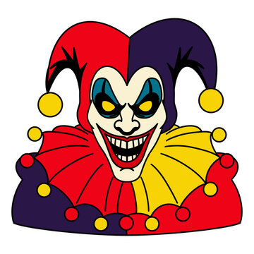 Evil Halloween Jester Clown with Colorful Costume and Spooky Smile