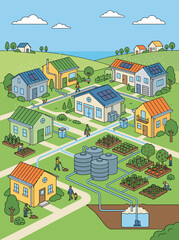 Fototapeta premium Flat vector isometric diagram of an eco-village with rooftop rainwater harvesting, central storage tanks, rooftop solar, and gardens.