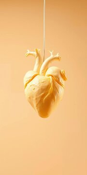 Ethereal, feathery remains of pale yellow heart suspended in mid-air above a creamy beige backdrop, || pale yellow, mid-air