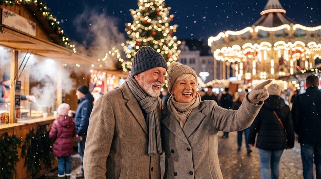 Elderly couple enjoying winter evening at Christmas market, festive lights, carousel, and food stalls creating a joyful holiday atmosphere