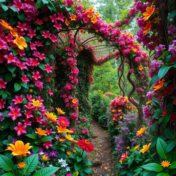 Floral forest with swirling vines and colorful blooms, forest, whimsical