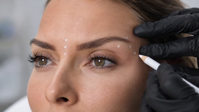Close up young woman face brow lift botox mapping white pencil dots forehead above eyebrow black gloves aesthetic clinic cosmetic injection planning