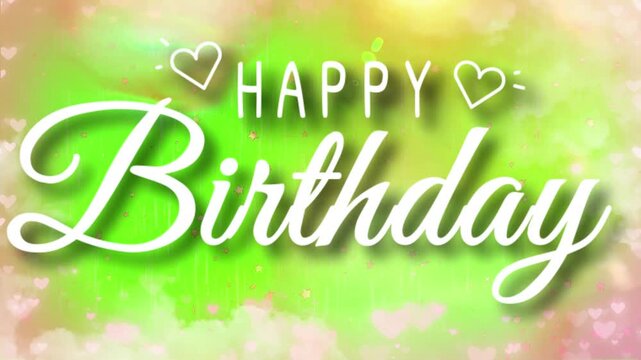 Happy Birthday text, elegantly rendered in glowing white script typography, placed against a soft, dreamy background featuring vibrant green and subtle pink hues, adorned with shimmering bokeh lights.