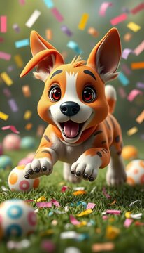 Colorful cartoon dog running with Easter eggs and confetti, celebration, jumping