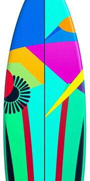 Abstract geometric patterns adorn vibrant surfboard isolated on white background, surfboard, fun