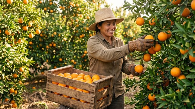Smiling female farmer picking fresh ripe oranges into wooden crate in sunny orchard, highlighting sustainable citrus farming