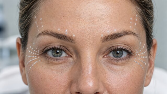 Woman full face botox mapping brow lift injection dots forehead crow's feet under eye glabellar area complete facial mapping green eyes close up clinic