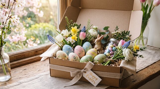 Pastel easter gift box filled with spring flowers and decorated eggs