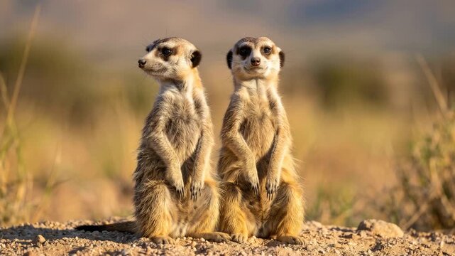 two meerkats close up at morning light in the kalahari desert botswana video