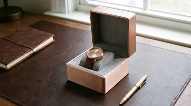 Opened rose gold watch box with a leather strap timepiece inside