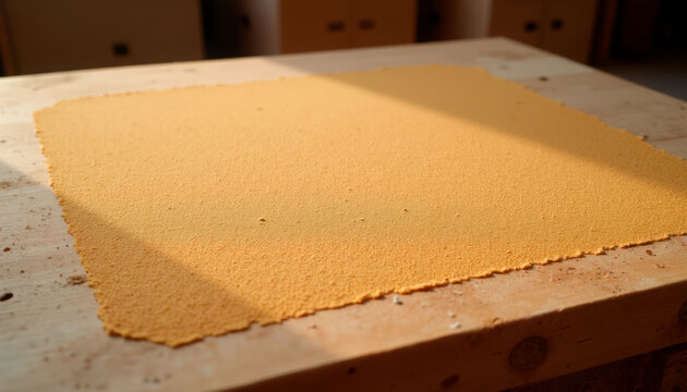 Flour dough sheet on wooden table with warm sunlight illuminating surface. Dough showcases unique texture and shape, demonstrating a preparation process for baking.
