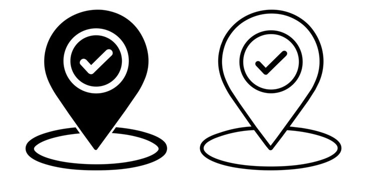 Set of map pointer icons with check mark symbol, location pin with tick sign, vector illustration