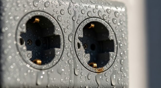 Damaged outdoor socket with water droplets after rain showing electrical hazards. Outdoor socket illustrates risks due to exposure,